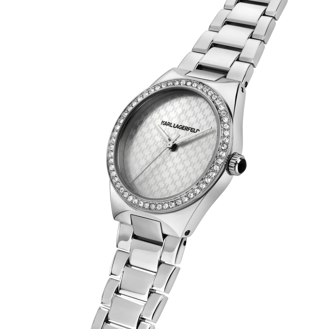 Дамски часовник Karl Lagerfeld Hamburg, детайлен изглед на безела с кристали и сребристия циферблат с мотив – модел R0553105509

