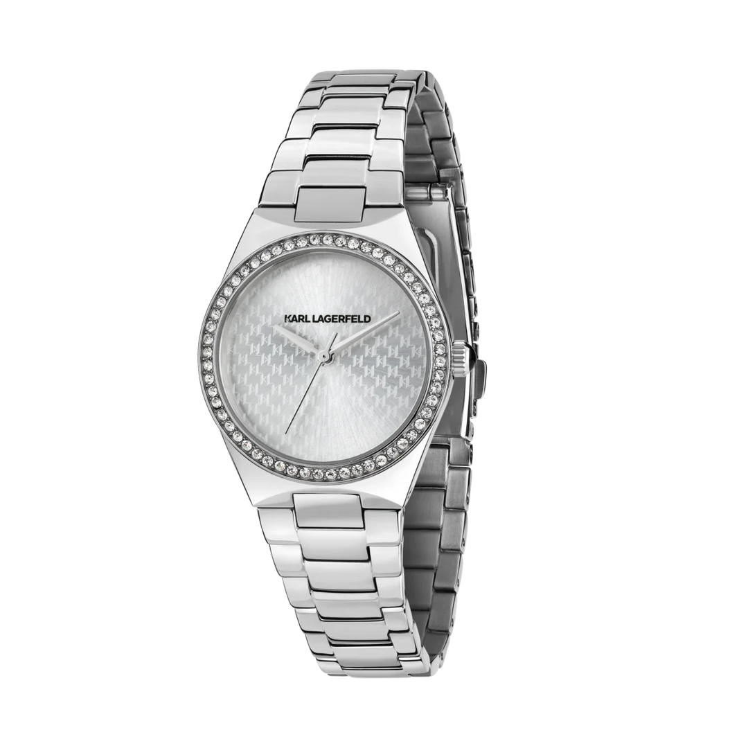 Дамски часовник Karl Lagerfeld Hamburg, стоманена гривна и сребрист циферблат с кристали по безела – модел R0553105509, изглед отпред
