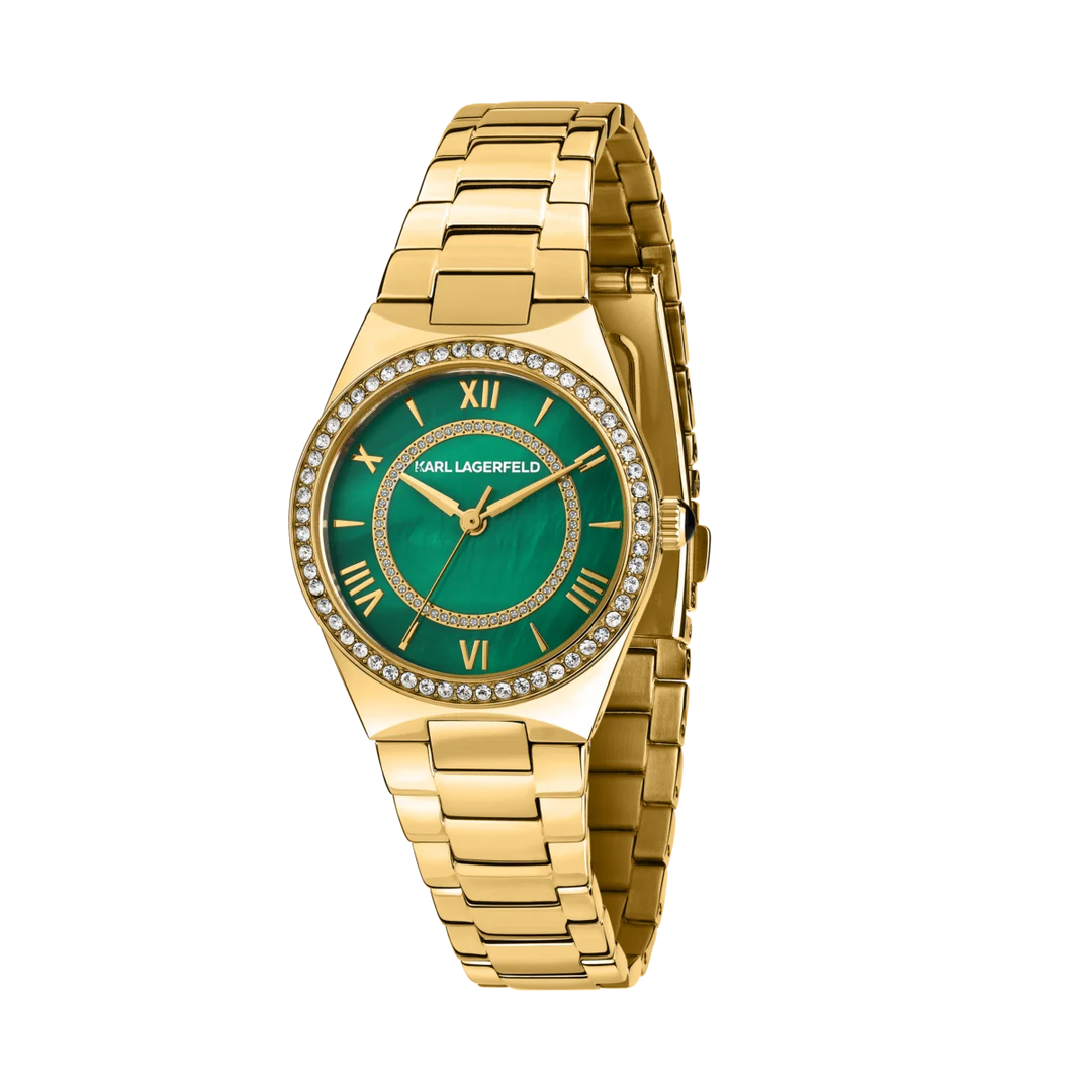 Дамски часовник Karl Lagerfeld Hamburg със златиста стоманена верижка и зелен седефен циферблат с кристали – модел R0553105502
