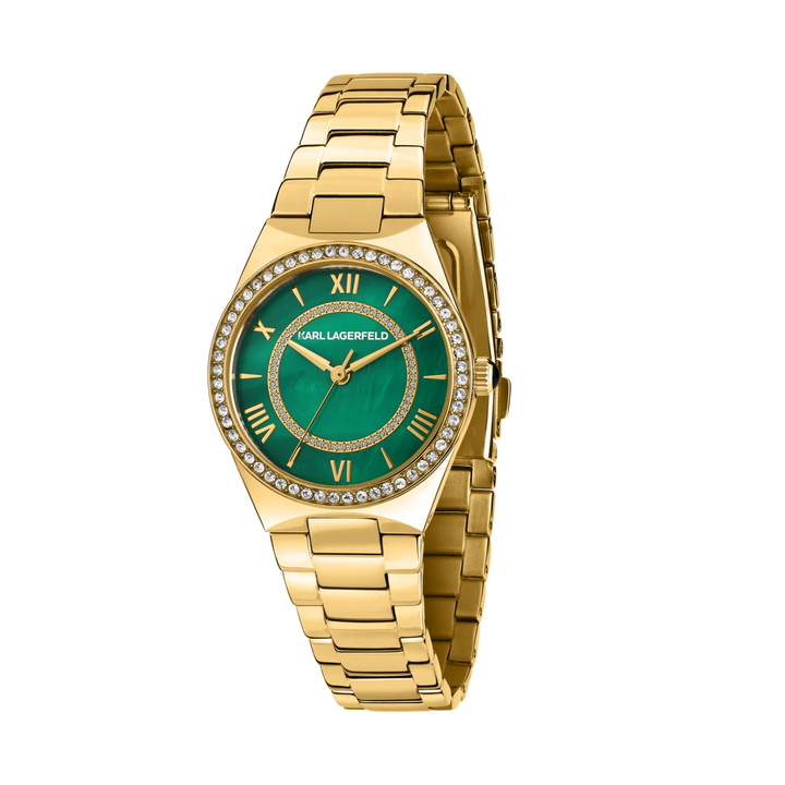 Дамски часовник Karl Lagerfeld Hamburg със златиста стоманена верижка и зелен седефен циферблат с кристали – модел R0553105502
