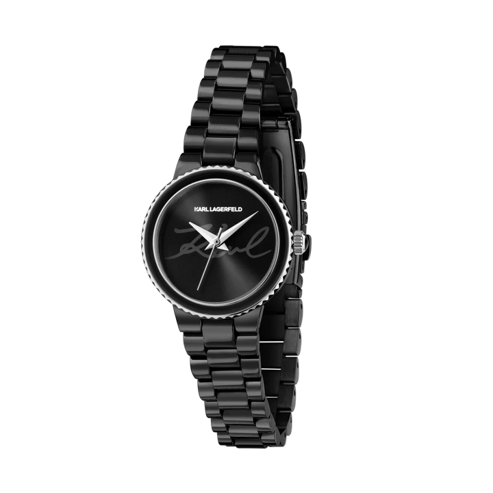 Дамски часовник Karl Lagerfeld Kaiser с черен циферблат, стоманена верижка и PVD черно покритие – модел R0553104506, изглед отпред
