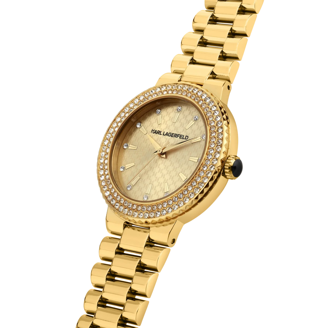 Дамски часовник Karl Lagerfeld Kaiser, детайлен изглед на безела с кристали и златистия циферблат – модел R0553104501
