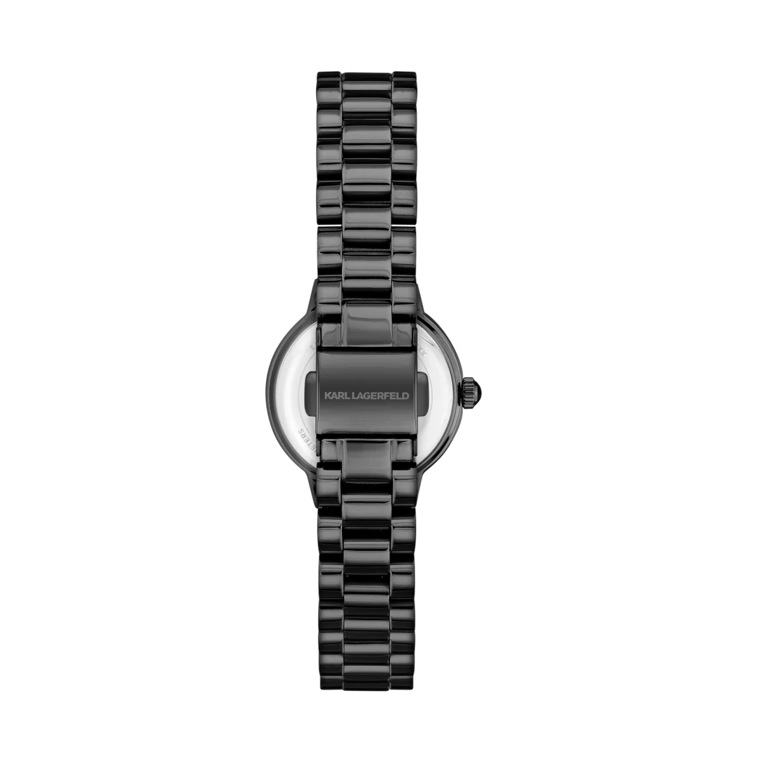 Дамски часовник Karl Lagerfeld Kaiser, детайлен изглед на черния безел и циферблат с подпис Karl – модел R0553104506
