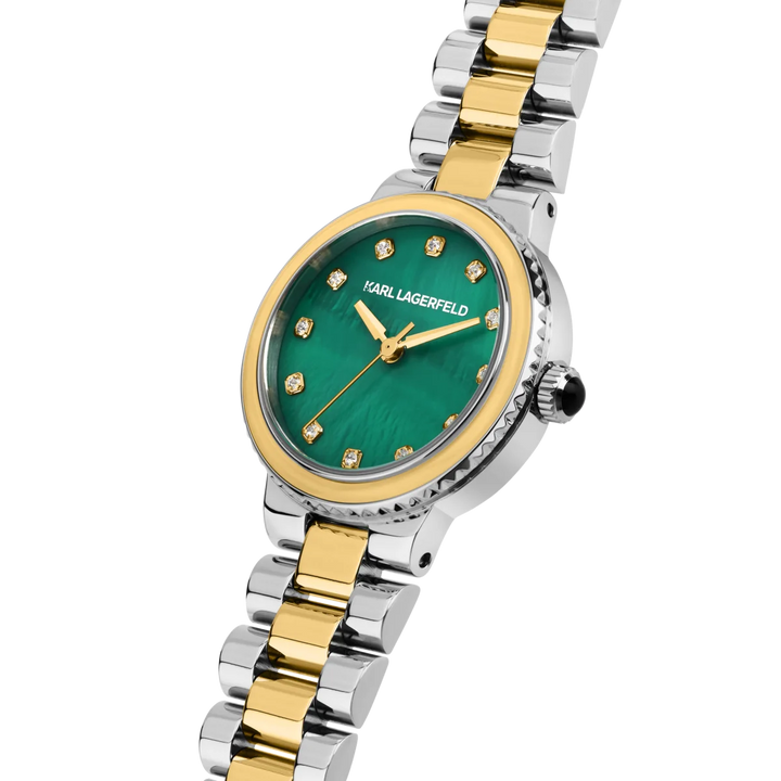 Дамски часовник Karl Lagerfeld Kaiser, детайлен изглед на зеления MOP циферблат и златистите индекси с кристали – модел R0553104511
