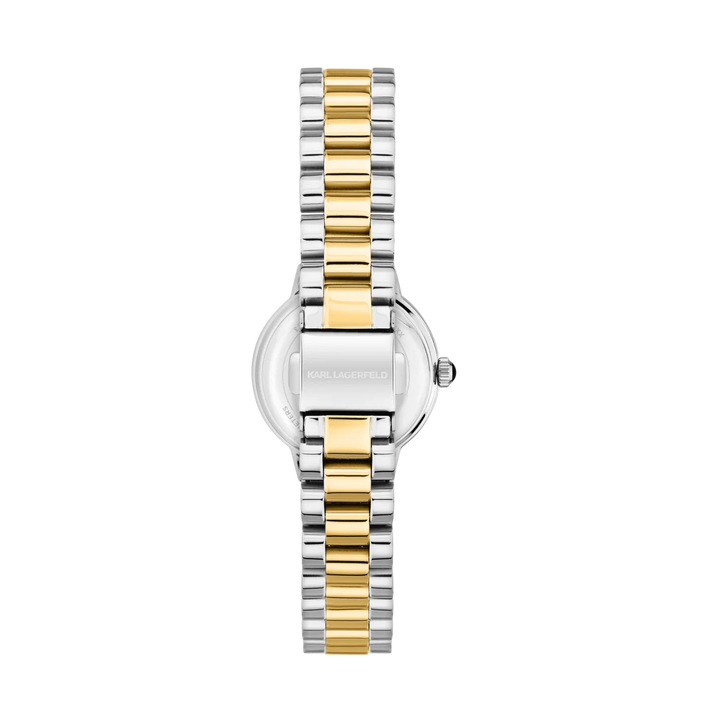 Дамски часовник Karl Lagerfeld Kaiser, двуцветна стоманена верижка с разгъваща се закопчалка и лого – модел R0553104511
