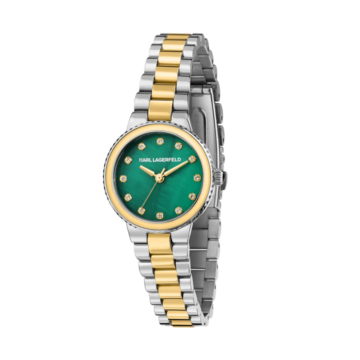 Дамски часовник Karl Lagerfeld Kaiser, двуцветна стоманена верижка и зелен седефен циферблат с кристали – модел R0553104511, изглед отпред
