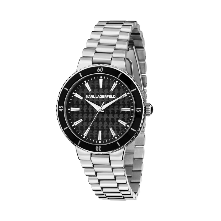 Дамски часовник Karl Lagerfeld Kaiser със стоманена сребриста верижка и черен циферблат – модел R0553104505

