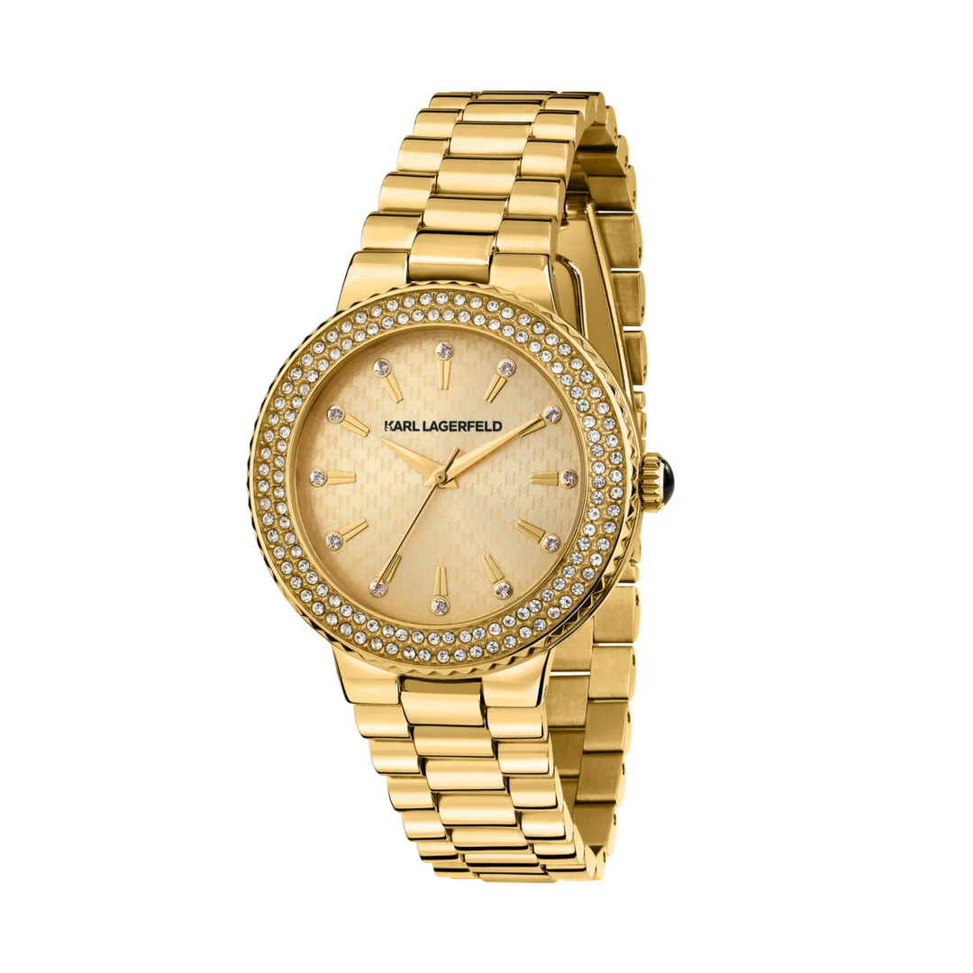 Дамски часовник Karl Lagerfeld Kaiser, златист корпус от стомана с двоен ред кристали и златист циферблат – модел R0553104501, изглед отпред
