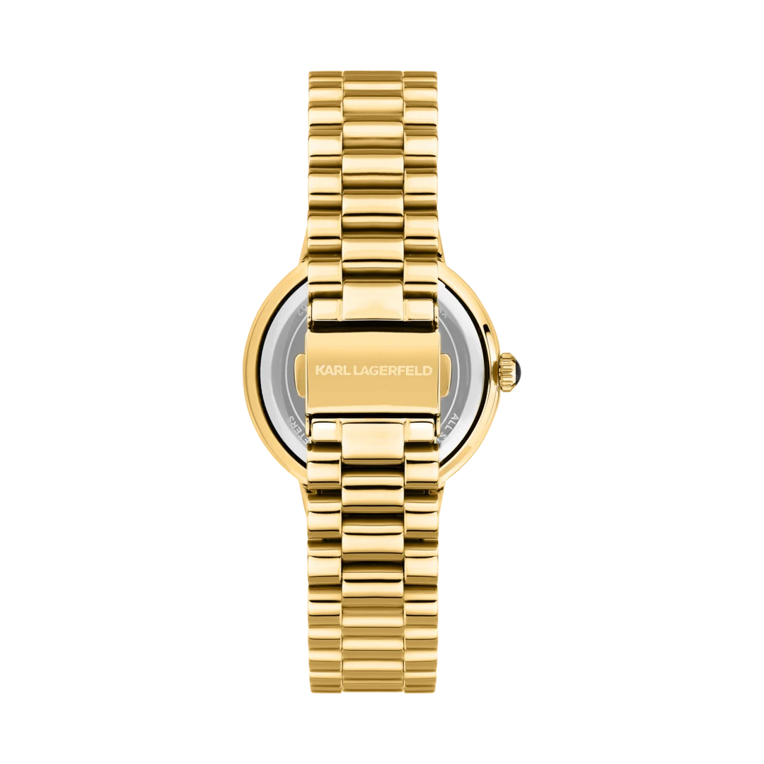 Дамски часовник Karl Lagerfeld Kaiser, златиста стоманена верижка с разгъваща се закопчалка и гравирано лого – модел R0553104501
