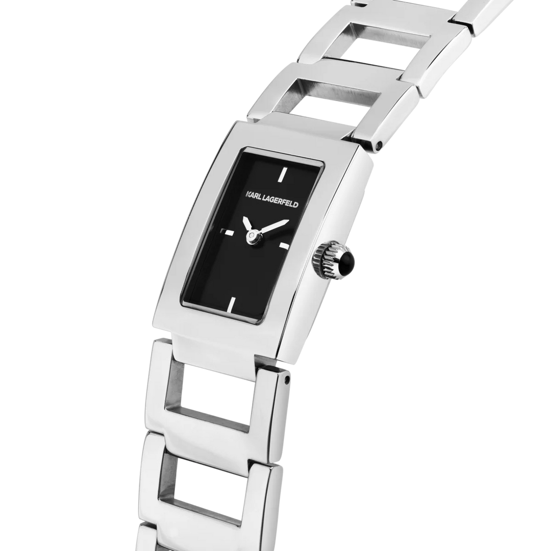 Детайлен кадър на дамски часовник Karl Lagerfeld Paris с черен sunray циферблат и полирана стомана – модел R0553103506
