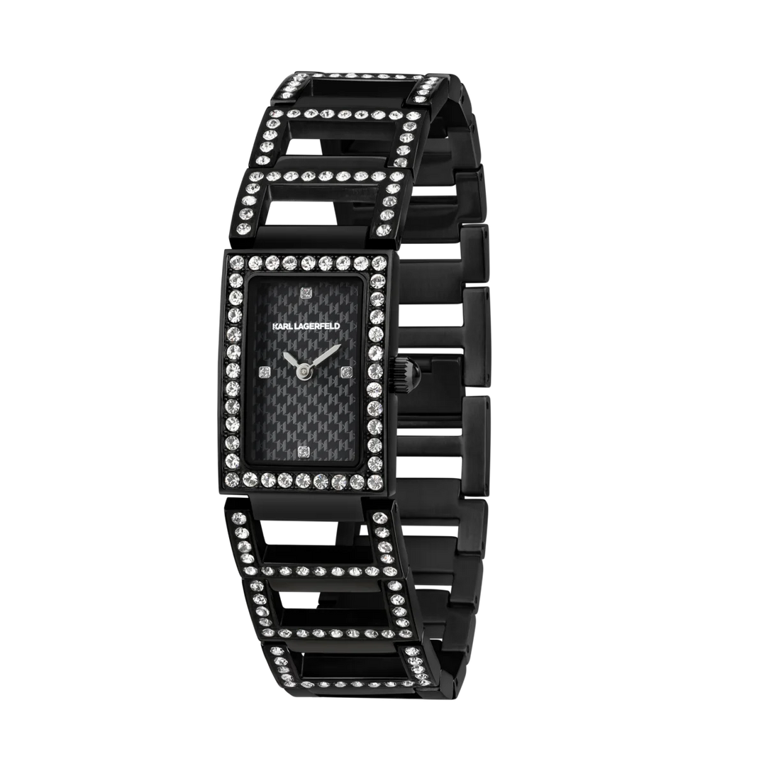 Дамски часовник KARL LAGERFELD Paris, черен правоъгълен корпус и стоманена гривна с кристали – модел R0553103501, изглед отпред