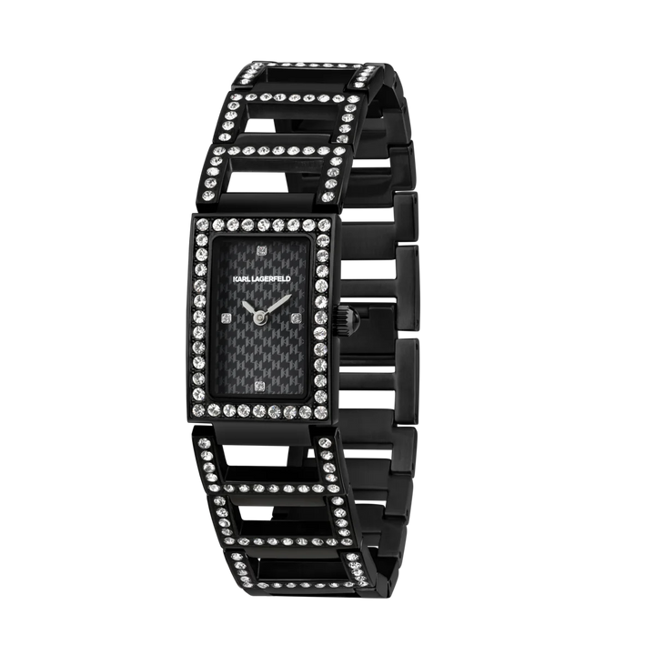 Дамски часовник KARL LAGERFELD Paris, черен правоъгълен корпус и стоманена гривна с кристали – модел R0553103501, изглед отпред