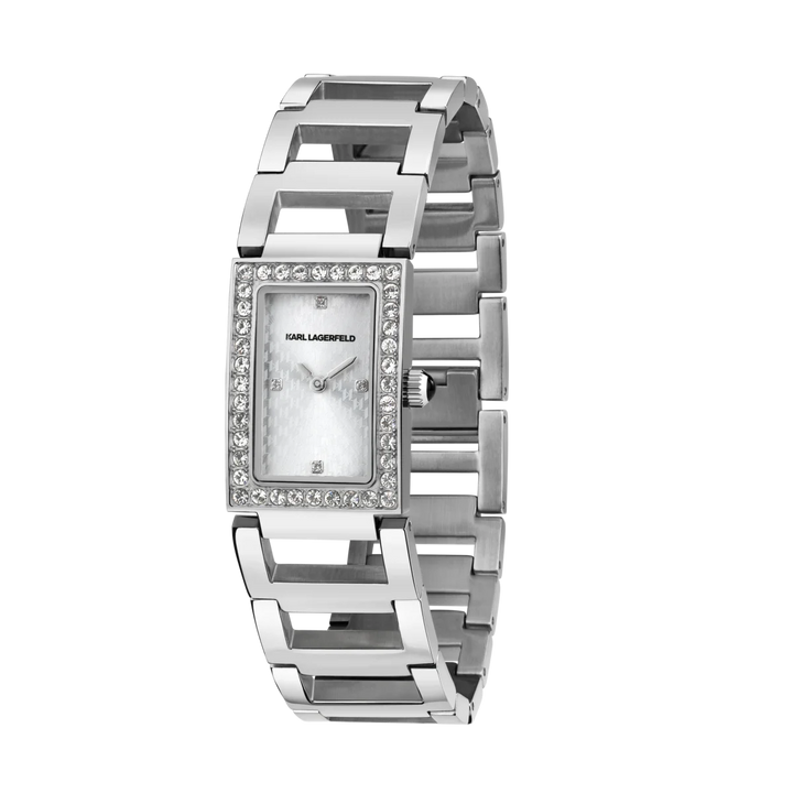 Дамски часовник KARL LAGERFELD Paris със сребрист циферблат, стоманена гривна и рамка с кристали – модел R0553103504, изглед отпред