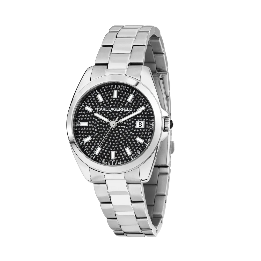 Дамски часовник Karl Lagerfeld Round Essentials, стоманена гривна и черен циферблат Diamond Dust с дата – модел R0553101508, изглед отпред