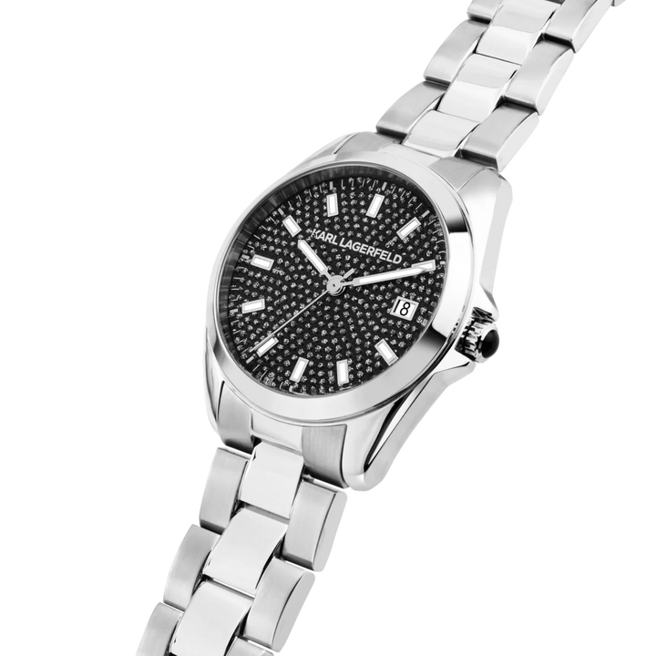 Дамски часовник Karl Lagerfeld Round Essentials, детайлен изглед на черния Diamond Dust циферблат с индекси и дата – модел R0553101508