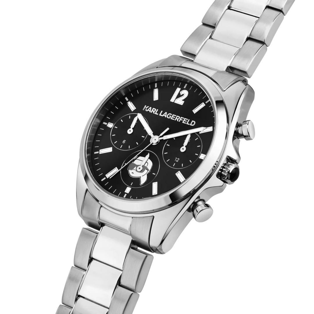 Дамски часовник Karl Lagerfeld Round Essentials, детайлен изглед на черния мултифункционален циферблат и стоманения корпус – модел R0553101504