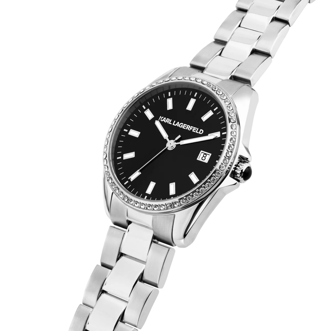 Дамски часовник KARL LAGERFELD Round Essentials, детайлен изглед на черния циферблат с кристали и дата – модел R0553101511