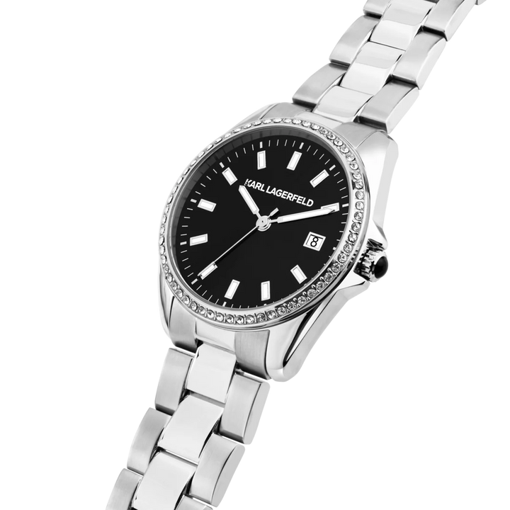 Дамски часовник KARL LAGERFELD Round Essentials, детайлен изглед на черния циферблат с кристали и дата – модел R0553101511