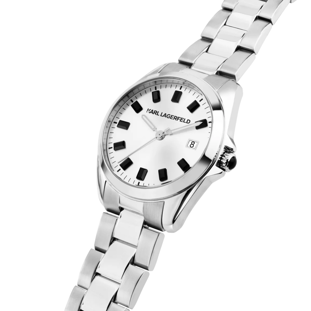 Дамски часовник Karl Lagerfeld Round Essentials, детайлен изглед на сребристия sunray циферблат и корпуса – модел R0553101514