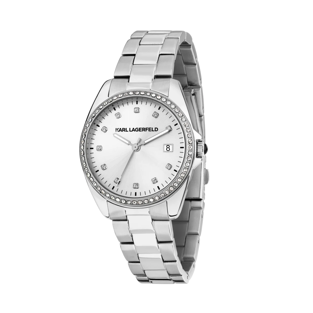 Дамски часовник Karl Lagerfeld Round Essentials със сребриста стоманена верижка, кристален безел и сребрист циферблат с дата – модел R0553101510