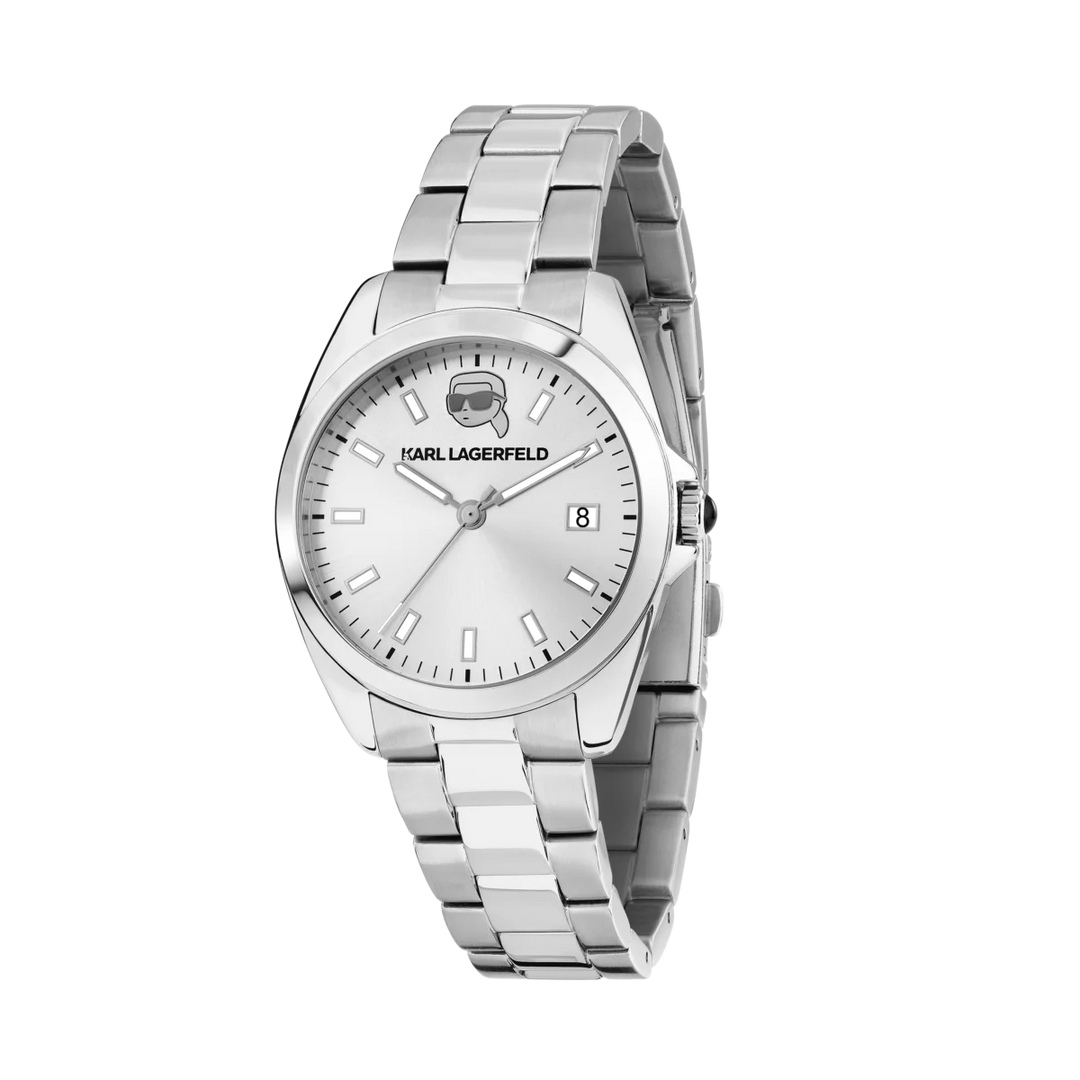 Дамски часовник Karl Lagerfeld Round Essentials със сребрист циферблат, лого Karl и стоманена верижка – модел R0553101517