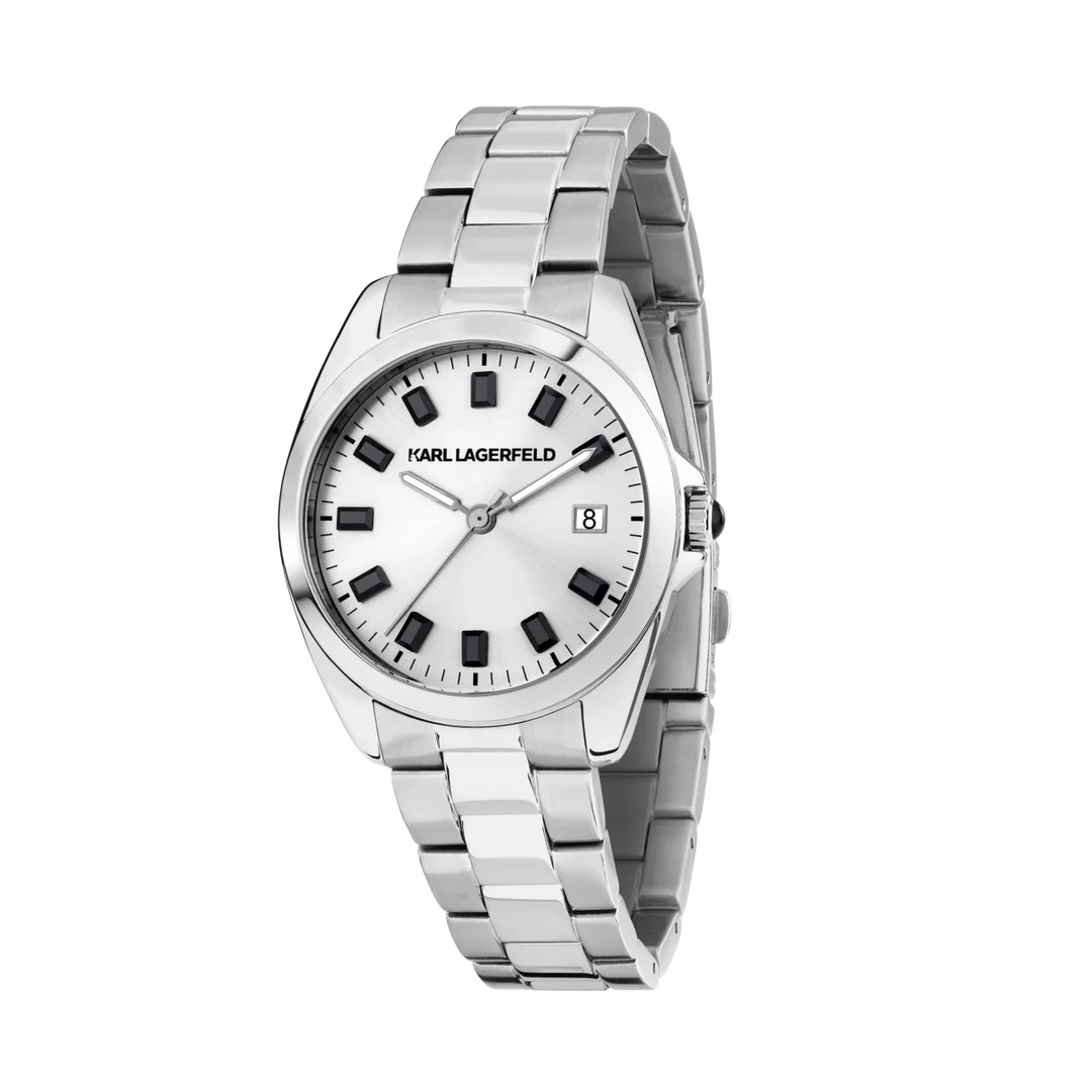 Дамски часовник Karl Lagerfeld Round Essentials със сребрист циферблат и стоманена верижка – модел R0553101514, изглед отпред