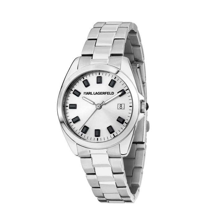 Дамски часовник Karl Lagerfeld Round Essentials със сребрист циферблат и стоманена верижка – модел R0553101514, изглед отпред