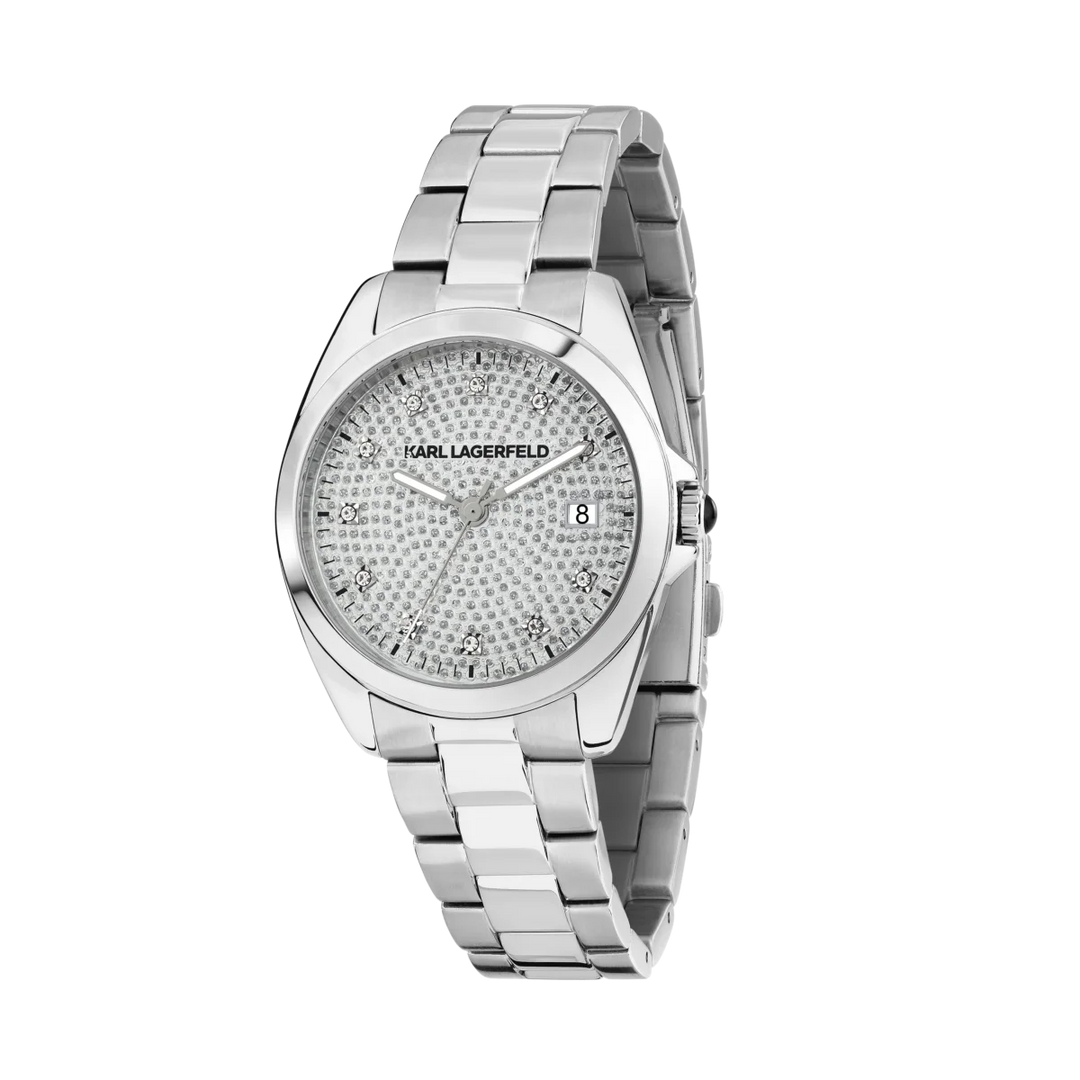 Дамски часовник Karl Lagerfeld Round Essentials със сребриста стоманена верижка и сребрист циферблат diamond dust с дата – модел R0553101509
