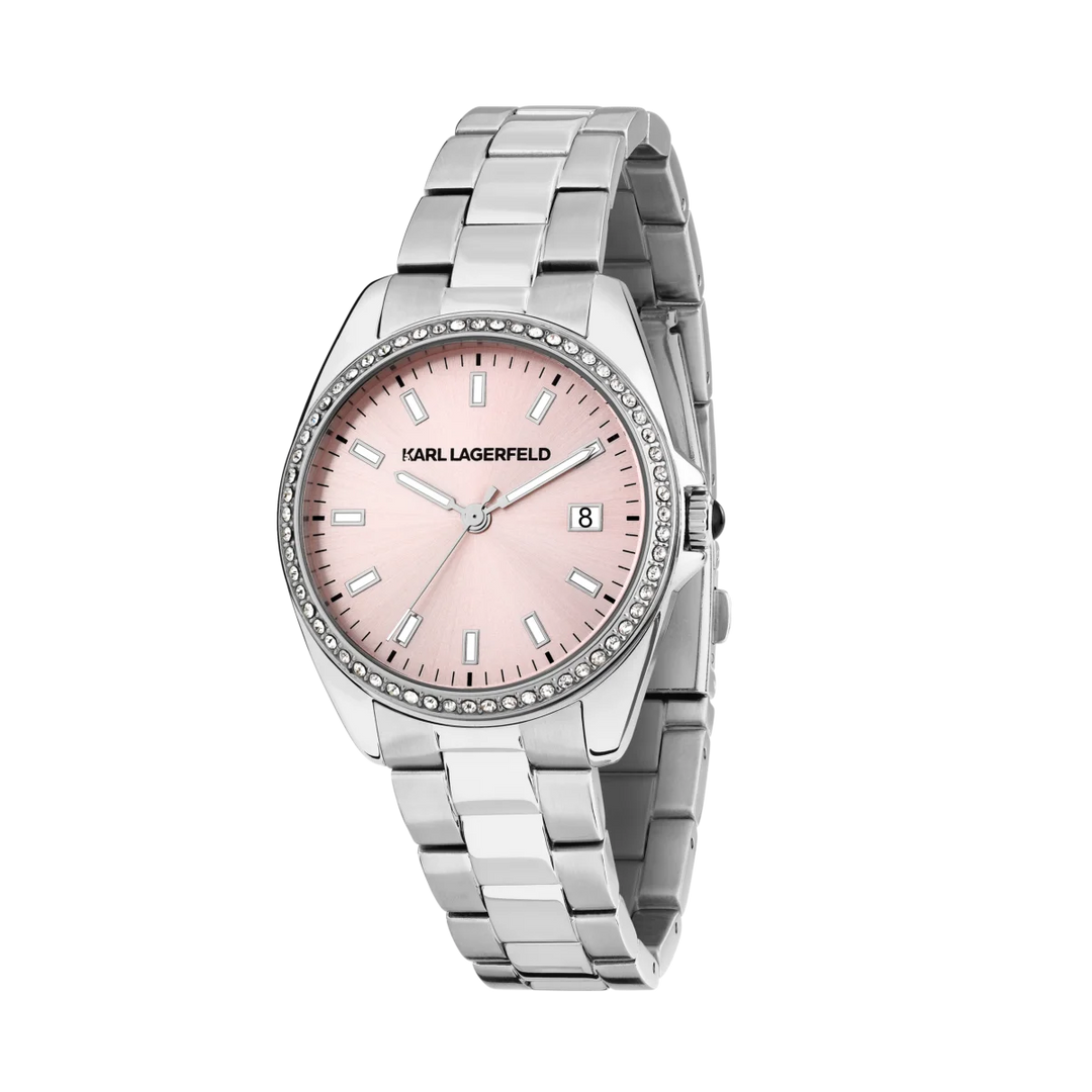 Дамски часовник Karl Lagerfeld Round Essentials със стоманена сребриста верижка, розов циферблат и дата – модел R0553101512