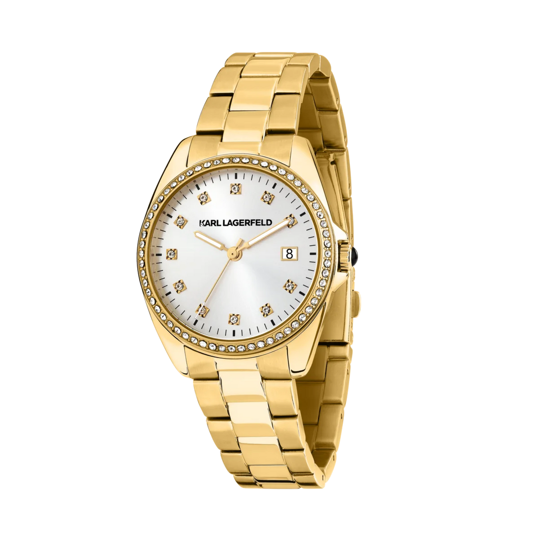 Дамски часовник Karl Lagerfeld Round Essentials със златиста стоманена верижка, сребрист циферблат и дата – модел R0553101505