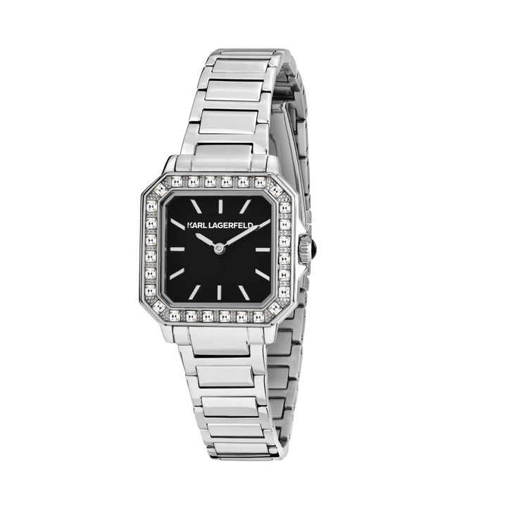 Дамски часовник Karl Lagerfeld Square Classics с черен циферблат, стоманена верижка и кристален безел – модел R0553102502
