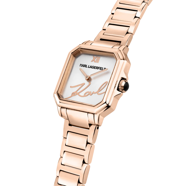Дамски часовник Karl Lagerfeld Square Classics, детайлен изглед на сребристия sunray циферблат и розово-златистия корпус – модел R0553102509