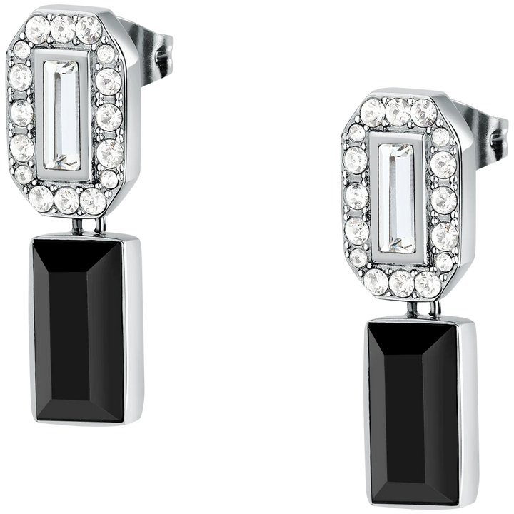 Елегантни дамски обеци Karl Lagerfeld Crystals, правоъгълни елементи с бели кристали и висящ черен камък – модел KLAYC41, детайлен изглед