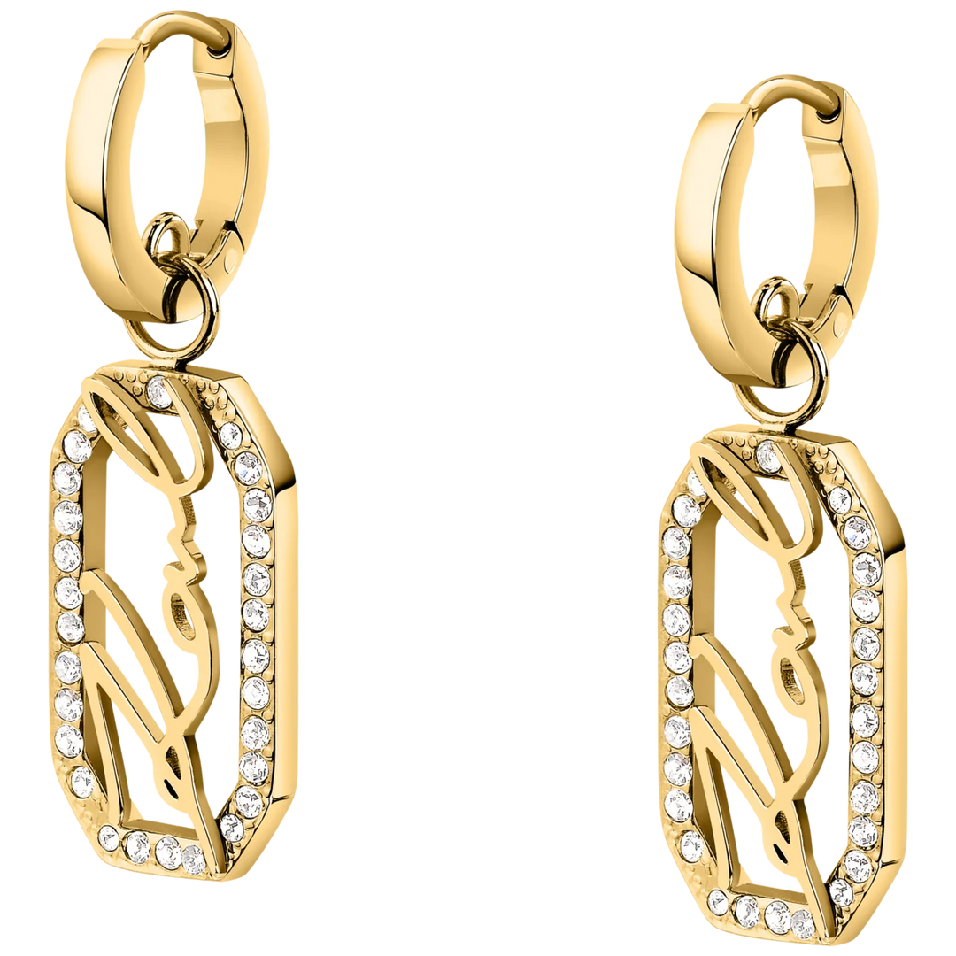 Елегантни дамски обеци Karl Lagerfeld Crystals, златисти висулки с лого Karl и бели кристали – модел KLAYC45
