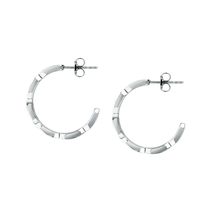 Дамски обеци Karl Lagerfeld Crystals, сребристи кръгли обеци на винт от неръждаема стомана – модел KLAYC66, изглед отстрани