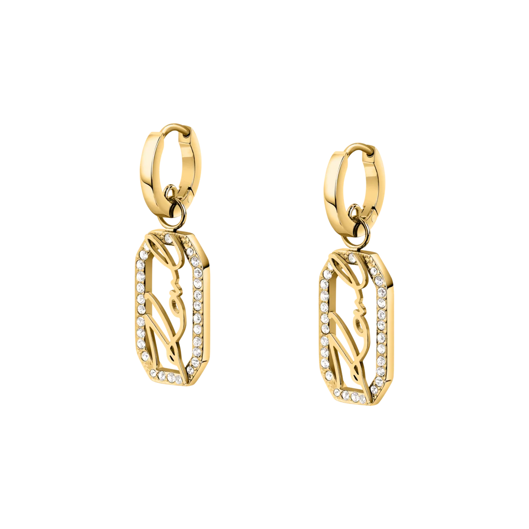 Дамски обеци Karl Lagerfeld Crystals, златисти халки с правоъгълни висулки и лого Karl, обсипани с бели кристали – модел KLAYC45