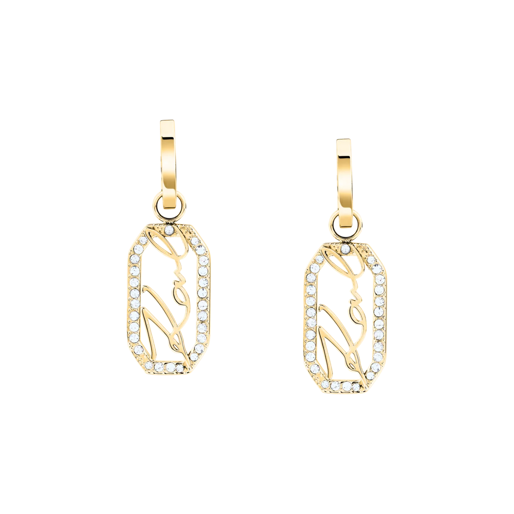 Дамски обеци Karl Lagerfeld Crystals, детайлен изглед на златистите висулки с кристали и подпис Karl – модел KLAYC45