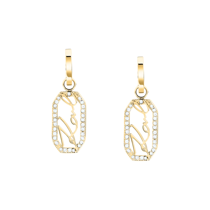 Дамски обеци Karl Lagerfeld Crystals, детайлен изглед на златистите висулки с кристали и подпис Karl – модел KLAYC45