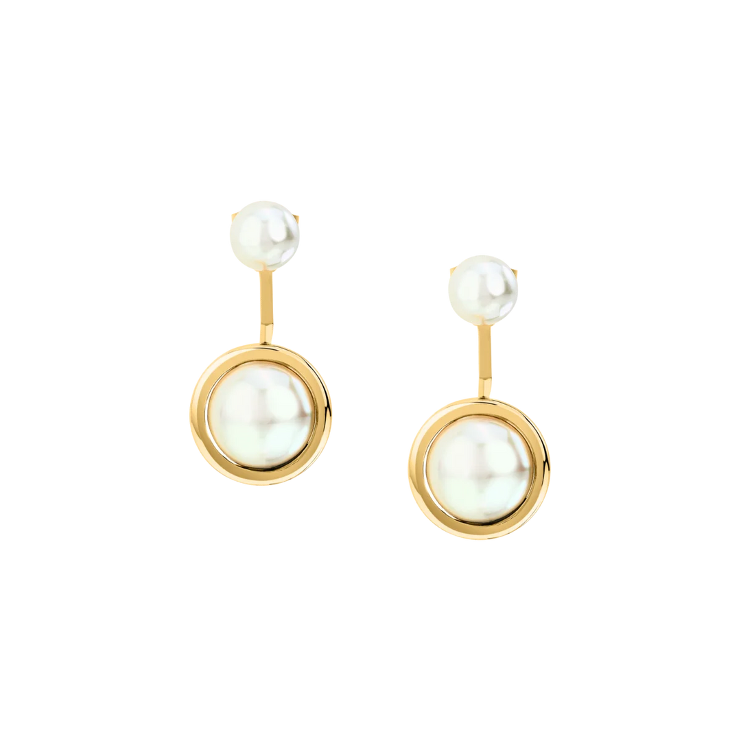 Дамски обеци Karl Lagerfeld Pearl с двойни перли и златист кръгъл обков – модел KLAYR14, фронтален изглед