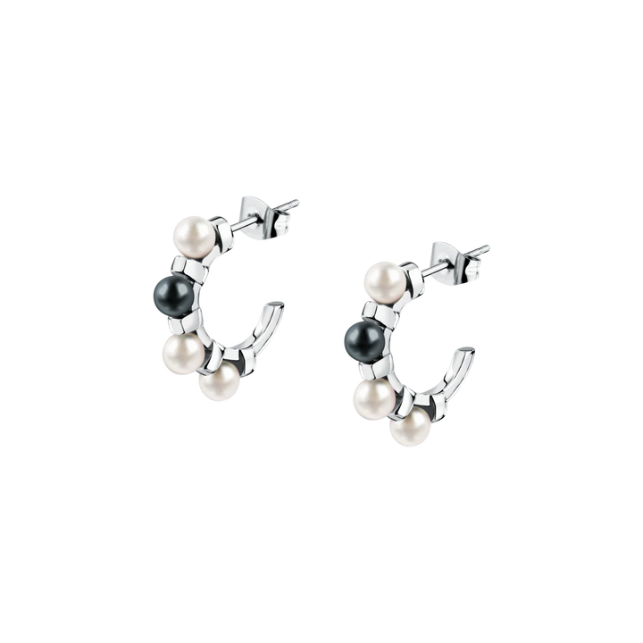 Дамски обеци Karl Lagerfeld Pearl, сребристи халки с бели и тъмносиви перли – модел KLAYR24, изглед отпред