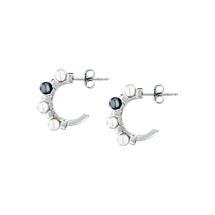 Дамски обеци Karl Lagerfeld Pearl, сребристи халки на винт с перлени елементи по целия ръб – модел KLAYR24