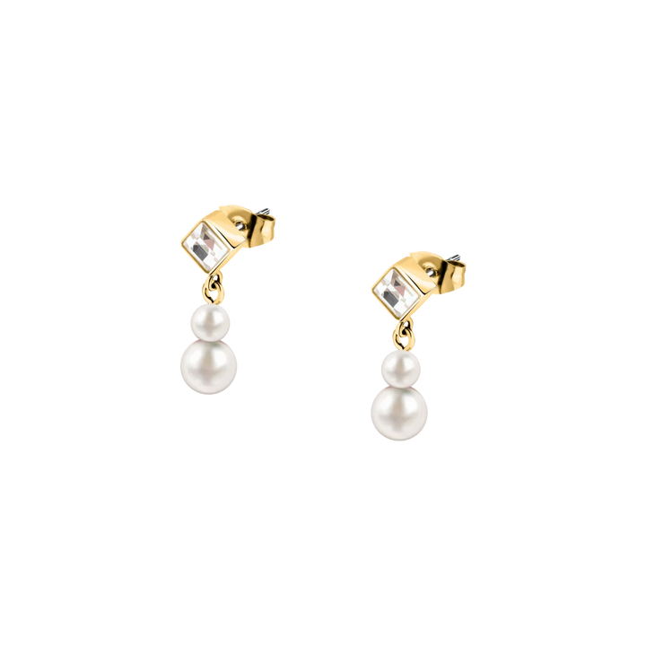 Дамски обеци Karl Lagerfeld Pearl със златиста стоманена основа, бели перли и квадратни кристали – модел KLAYR22