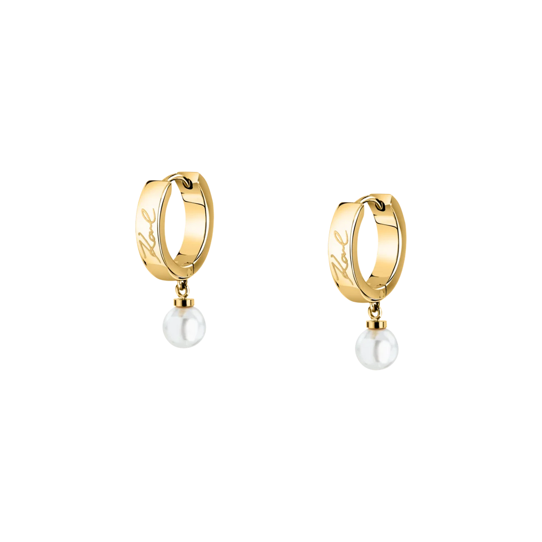 Дамски обеци Karl Lagerfeld Pearl, златисти халки с висяща бяла перла – модел KLAYR15, изглед отпред