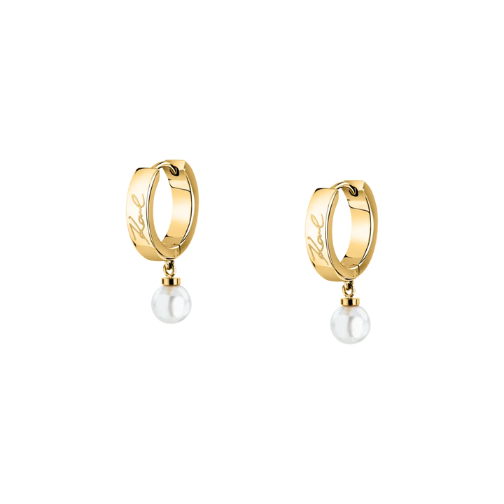 Дамски обеци Karl Lagerfeld Pearl, златисти халки с висяща бяла перла – модел KLAYR15, изглед отпред