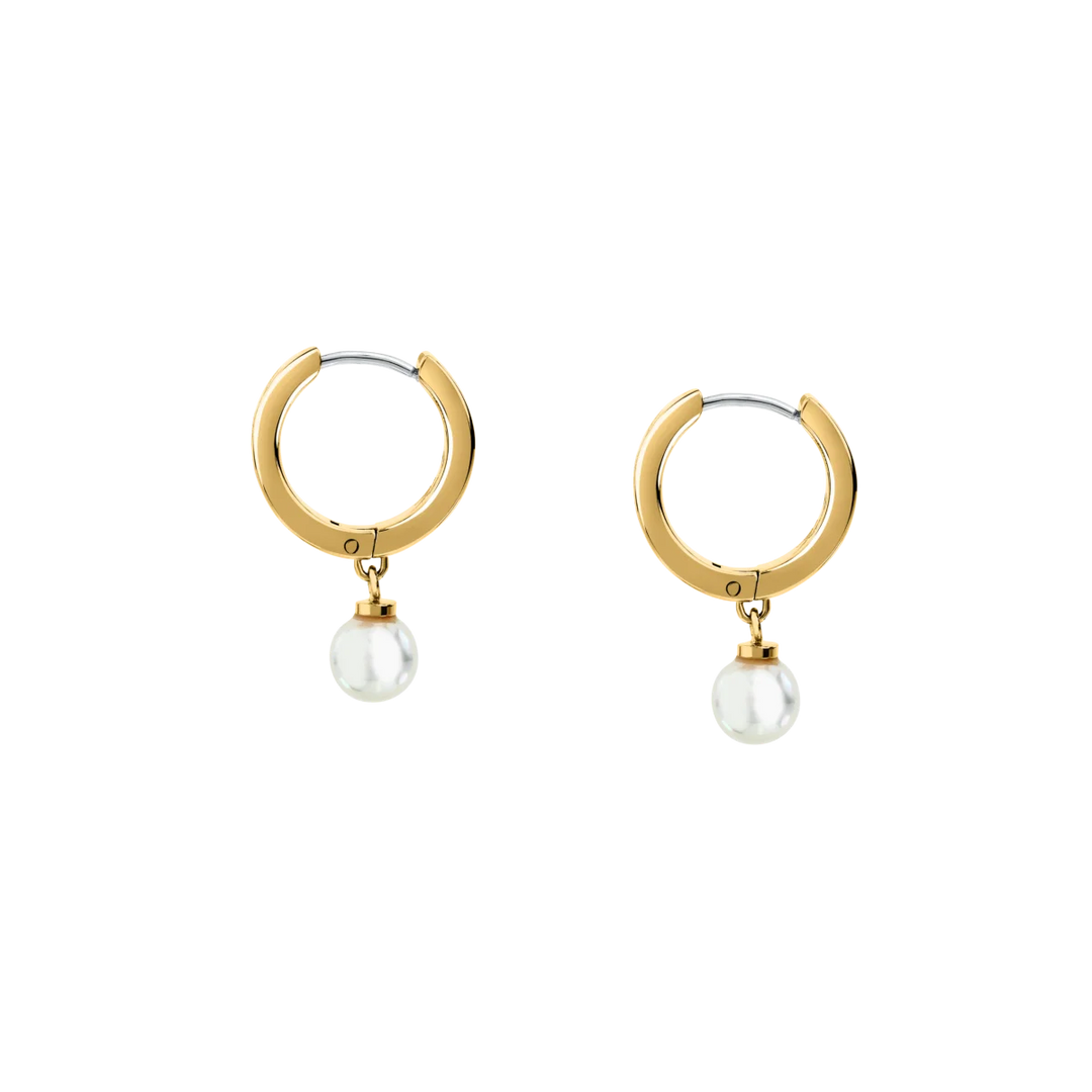 Дамски обеци Karl Lagerfeld Pearl, кръгли златисти халки с висяща бяла shell перла – модел KLAYR15, изглед отгоре