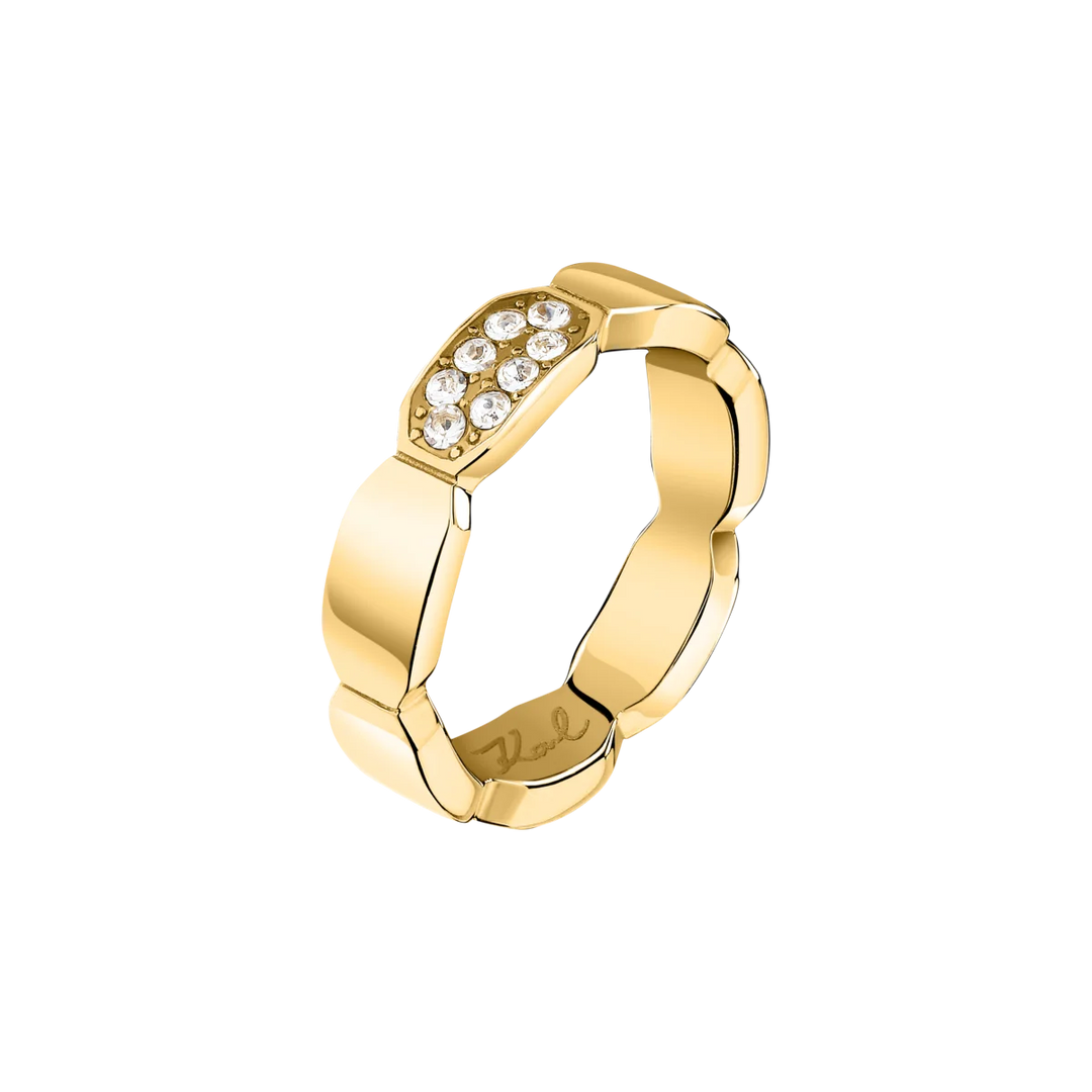 Дамски пръстен Karl Lagerfeld Crystals, златист стоманен пръстен с бели кристали – модел KLAYC62012, изглед отпред