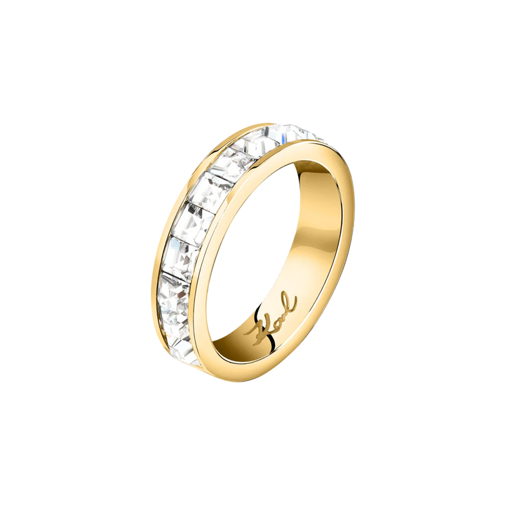 Дамски пръстен Karl Lagerfeld Crystals от неръждаема стомана със златисто покритие и бели кристали – модел KLAYC48012, фронтален изглед