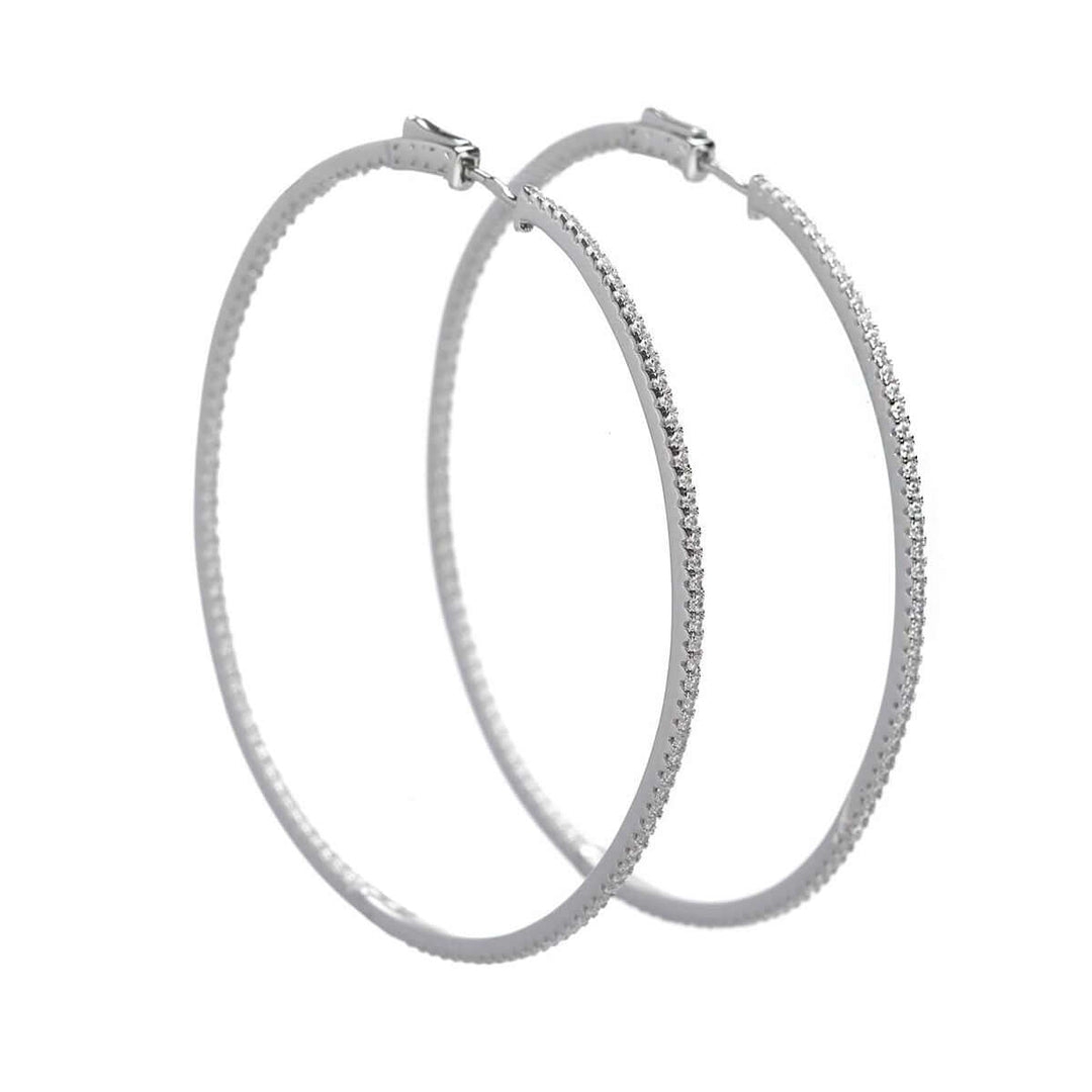 Дамски сребърни обеци халки Salvatore Plata Hoop Earrings с родиево покритие и циркони – преден изглед.