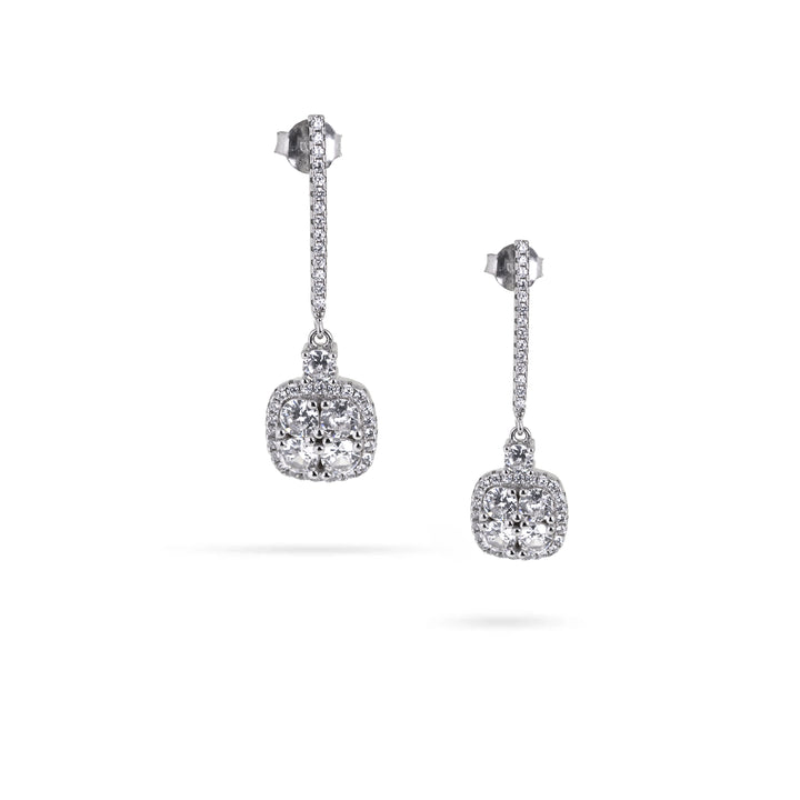 Висящи сребърни обеци с родиево покритие и инркустирани блестящи циркони.