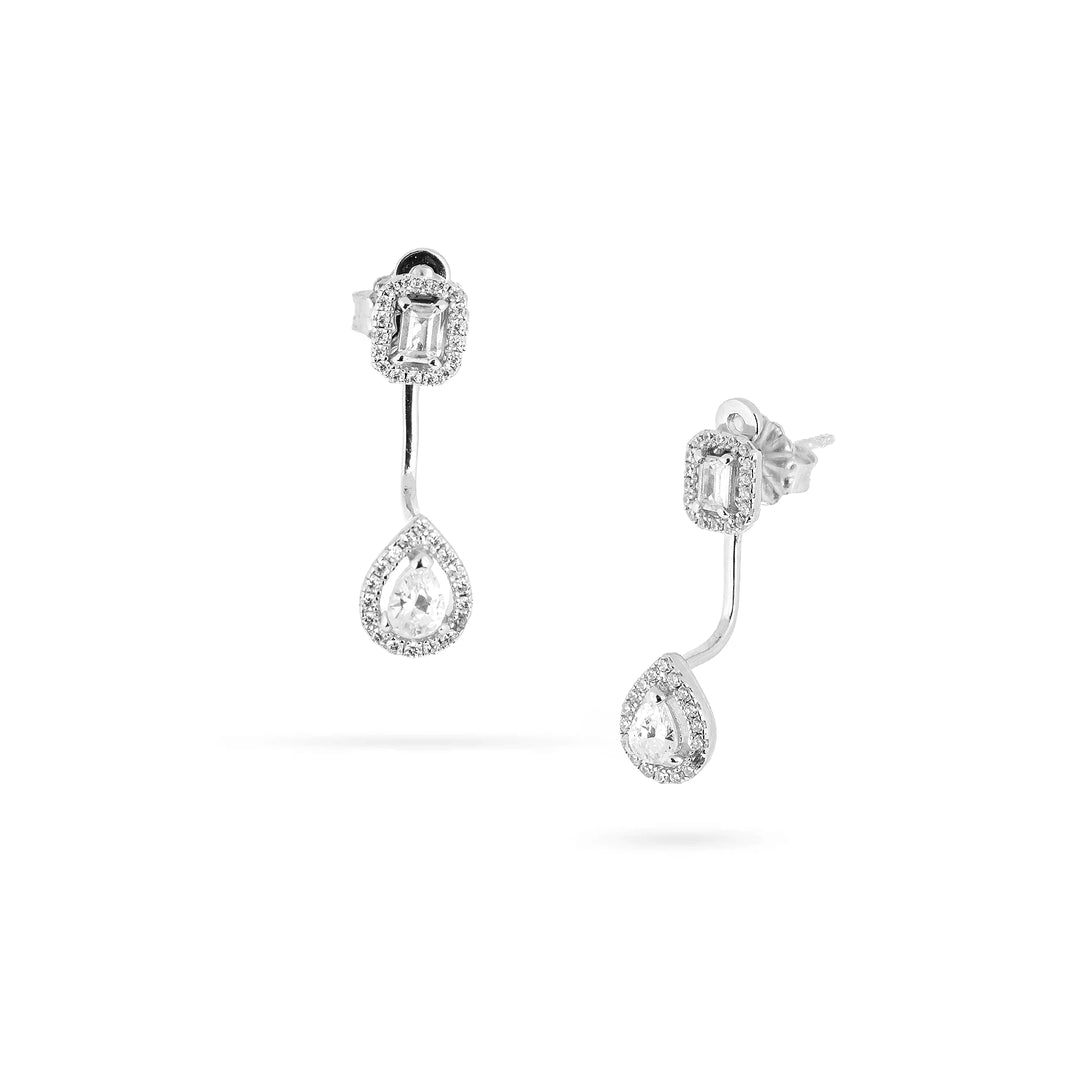 Дамски сребърни обеци с родиево покритие и циркони. Размер 2.5 см.